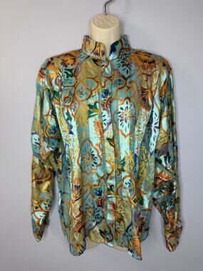 Vintage The Silk Farm Silk Printed Blouse Long Sleeve Button Front Women's 10